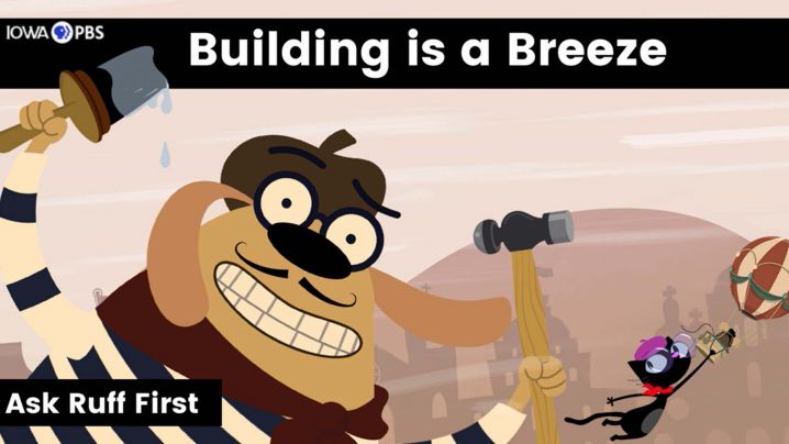 Ruff Ruffman holds a paintbrush and hammer.