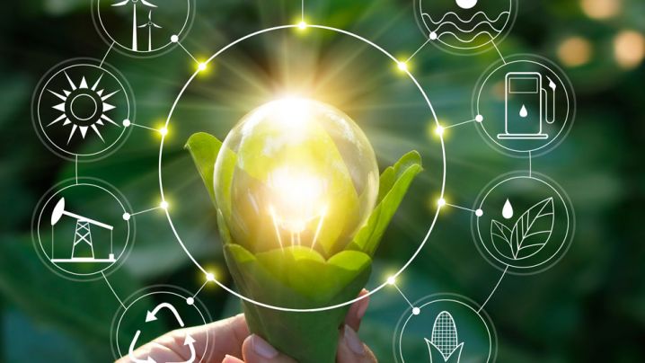 A lightbulb with sketches of sun, oil, recycle, corn, leaf, gas pump, water and sun.