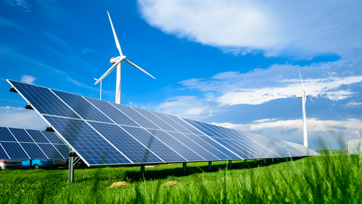 Solar panels and wind turbines.