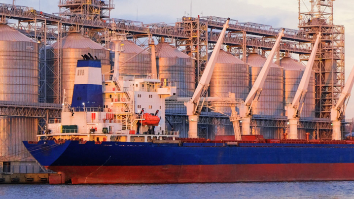 Bulk carrier ship in river port. Dry cargo grain elevator trade. 