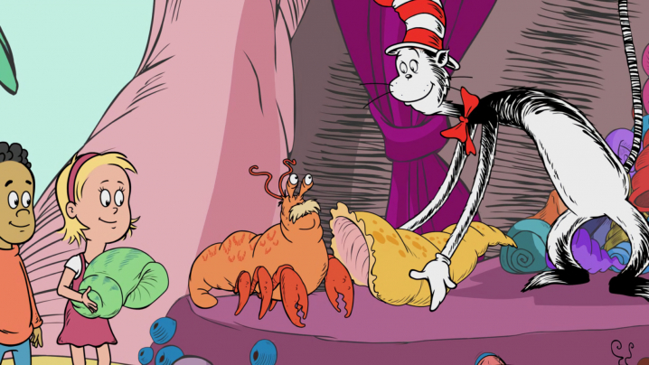 Cat in the Hat helping a hermit crab with a shell.