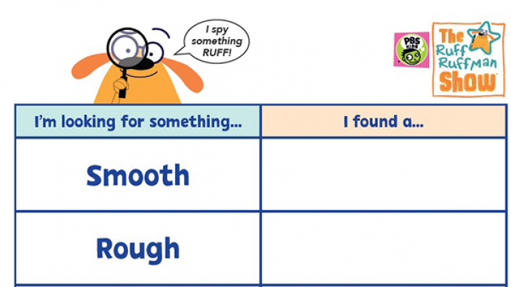 Ruff Ruffman peering over the top of a white piece of paper. The paper is divided into two columns. One column heading says “I’m looking for something…” and the other column heading says “I found a…” There is a speech bubble near Ruff’s head that says “I spy something RUFF!”