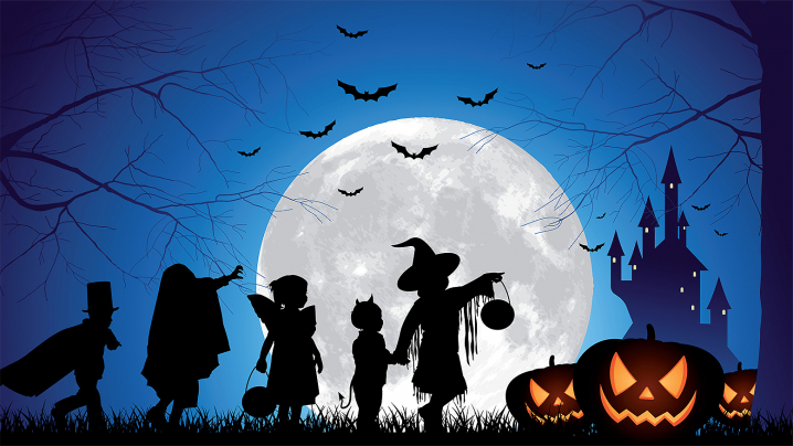Five costumed trick-or-treaters are silhouetted from the illumination of a large full moon at night. With several bats flying overhead, three jack-o'-lanterns sit on the right, with a spooky castle in the distance. Two bare trees flank the scene.