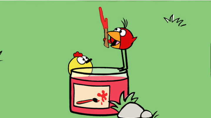 Chirp is standing on the edge of a jar with red paint holding a stick with red paint. Peep looks up at him from the ground.