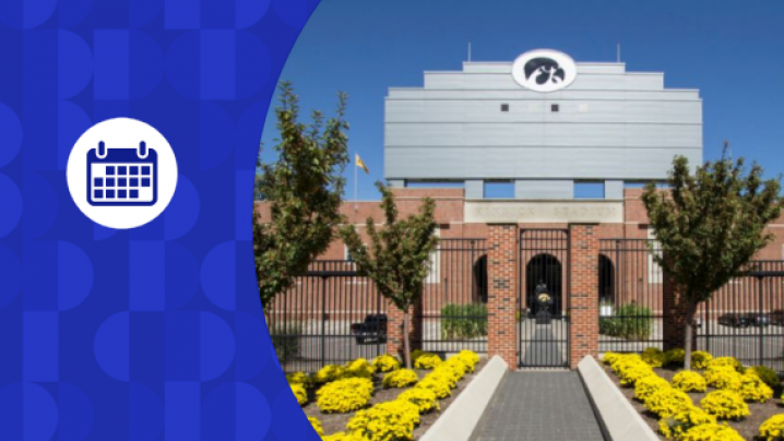 Blue calendar graphic on top of an image of Kinnick Stadium at the University of Iowa