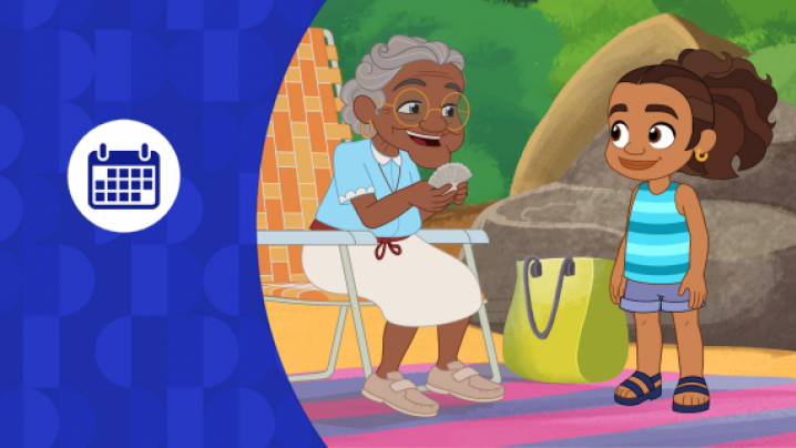 Cartoon image of an older woman and a young girl, characters from the program Alma's Way