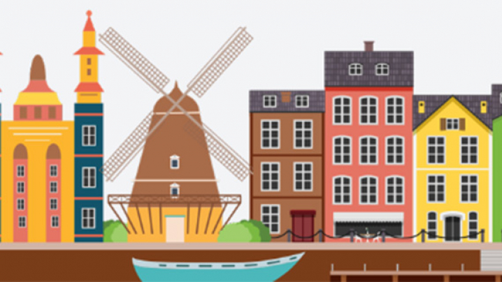 image of a Danish windmill surrounded by buildings