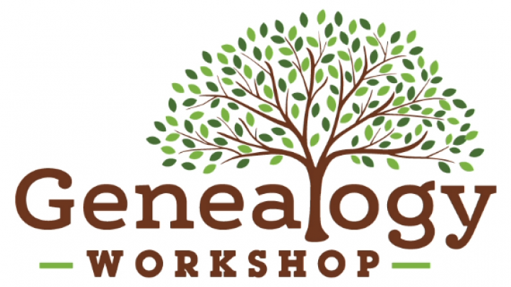 Brown tree outline with green leaves and the words Genealogy Workshop
