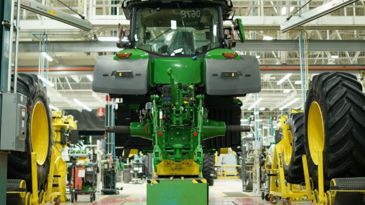 John Deere tractor being assembly in Waterloo factory
