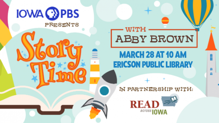 A colorful cartoon image of a castle and a rocket ship with text that reads"Iowa PBS Story Time" 
