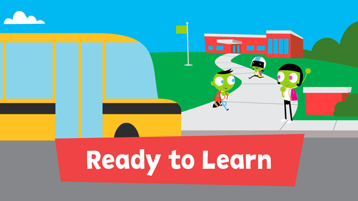 Students exit the school bus and head into school.