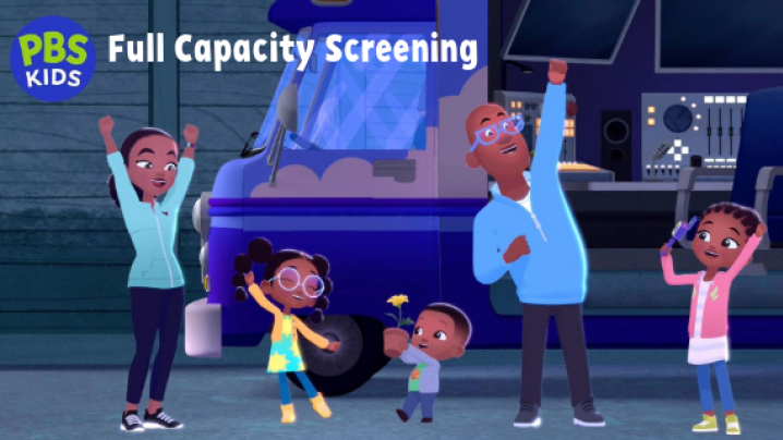 An animated family with hands in the air in celebration.