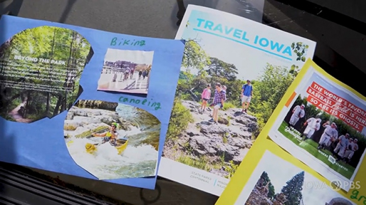 A travel collage made up of images of a forest, a place to eat and the Iowa Cubs. 