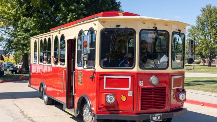 red and tan trolley at the Be My Neighbor event