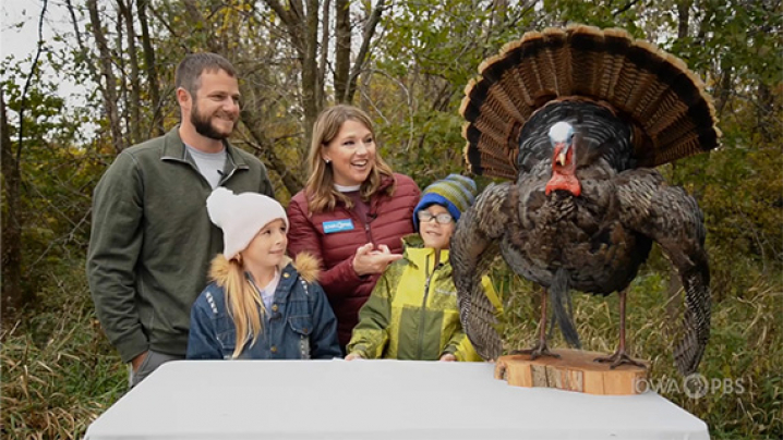 Abby and friends looking at a stuffed turkey.
