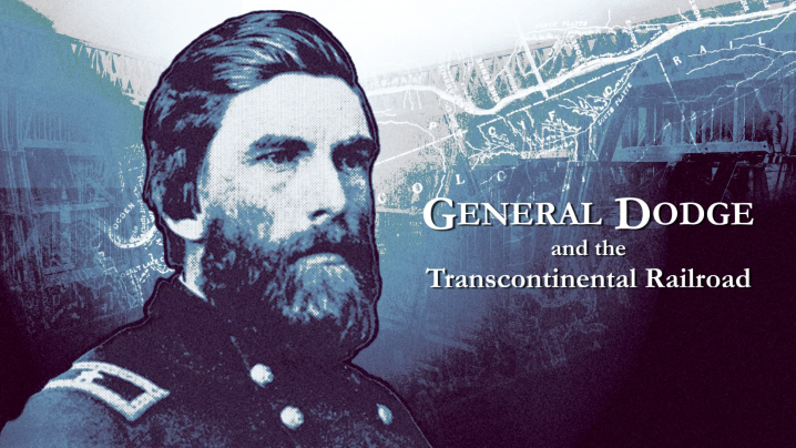 Portrait of a man in military uniform with historical maps and bridge in the background.