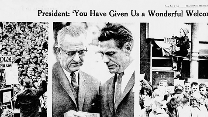 A black and white picture of Gov. Harold Hughes and President Lyndon B. Johnson.