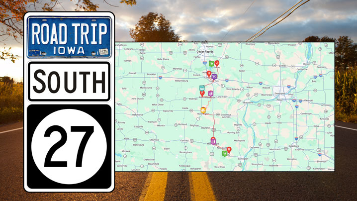 A map shows featured stops on Iowa Highway 27 South.