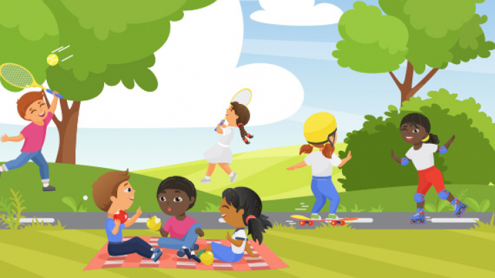 Children enjoying a sunny day in a park, with a picnic on a blanket, a girl skipping, a boy playing tennis, and another girl skateboarding.