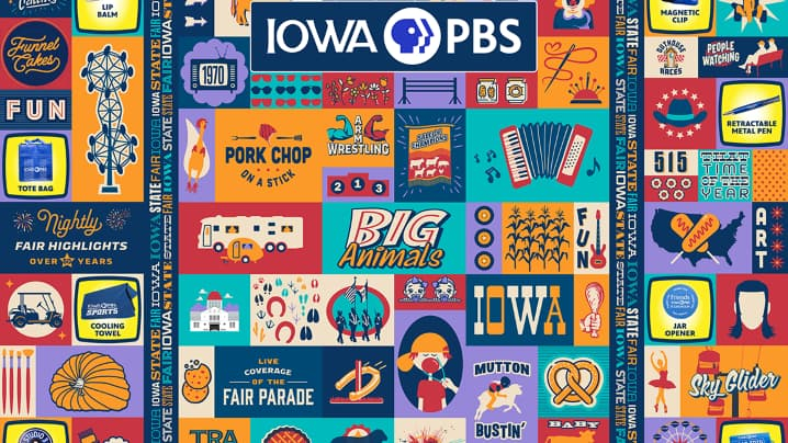Collage of brightly colored icons of things from the Iowa State Fair