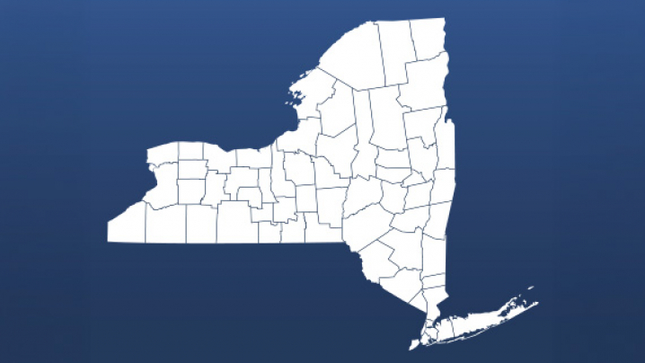 Outline map of New York State in white on a blue background, showing the distinctly shaped counties.