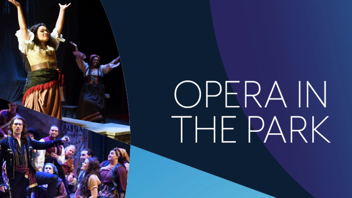 Two photos from a performance of Carmen and the text Opera in the Park