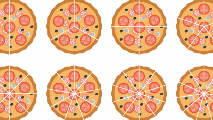 Repeating pattern of round, topped pizzas divided into varying numbers of slices, arranged in two rows on a white background.