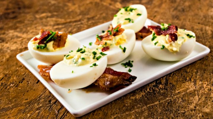 Fresh Herb Deviled Eggs with Candied Bacon