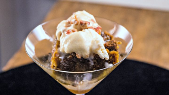 Pumpkin Bread Pudding with Caramel Apple Sauce