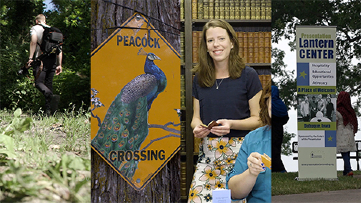 a hiker, a peacock crossing sign, a woman holding a tiny book, and Presentation Lantern Center sign.