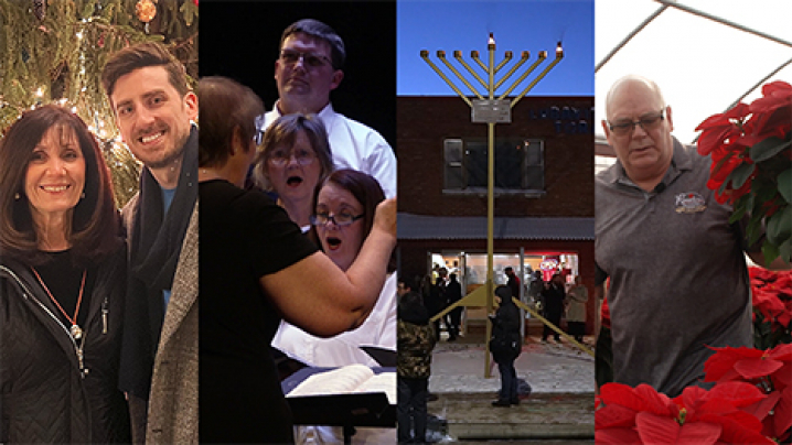 Members of the El Khatib family, singers at the Corning Opera House, a giant menorah, and Steve Ritter holds a poinsettia plant in his greenhouse.