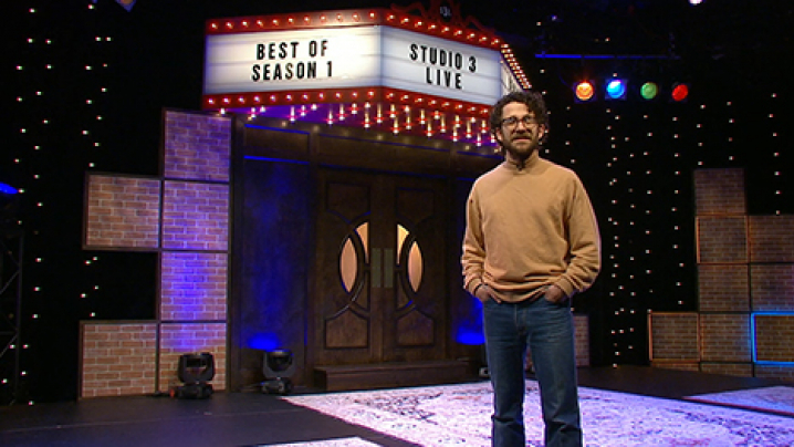 Mickey Davis, host of Studio 3 LIVE, stands on the Studio 3 LIVE set.