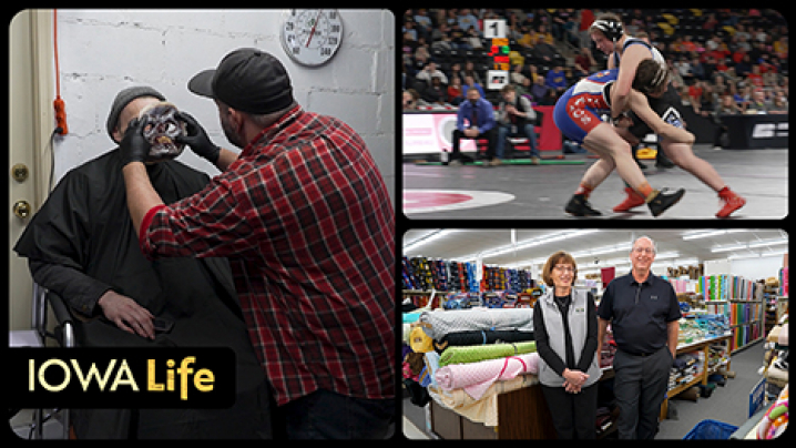 Iowa Life logo, a man applies horror makeup to another man, girls wrestling and Ben Franklin store owners.