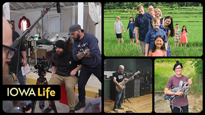 Iowa Life logo, the Christofferson family, Jon Locker playing bass guitar, Mediaverse Studios, and Jenni Boonjakuakul holds a rehab bird.