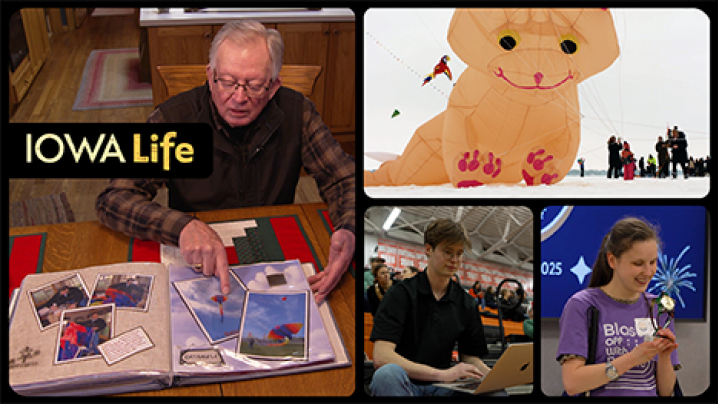 Iowa Life logo, Larry Day shows kite photo album, large cat kite at Color the Wind Kite Festival, a student journalist, works on a laptop in the bleachers of a basketball game and a Braille Challenge contestant receives a 1st place trophy.