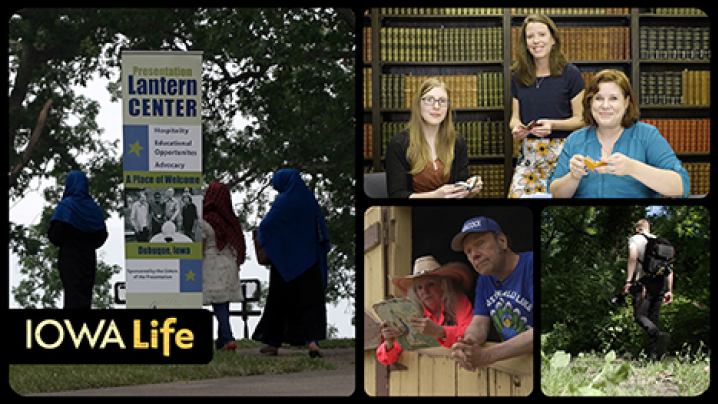 Iowa Life logo, a hiker, peacock farmers, a woman holding a tiny book, and Presentation Lantern Center sign.