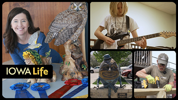 Iowa Life logo, a girl playing electric guitar, a Humpty Dumpty statue, volunteer Herb Hazewinkel Jr., and Wood artist Jennifer Felton