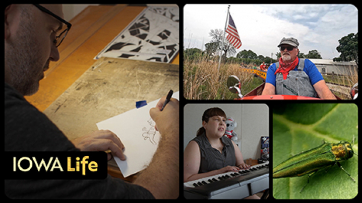 Iowa Life logo, Emerald Ash Borer, Musician Emily Brown, Comic Book Artist Eric Gaptur, and Watson Station train Engineer Fonley Allen