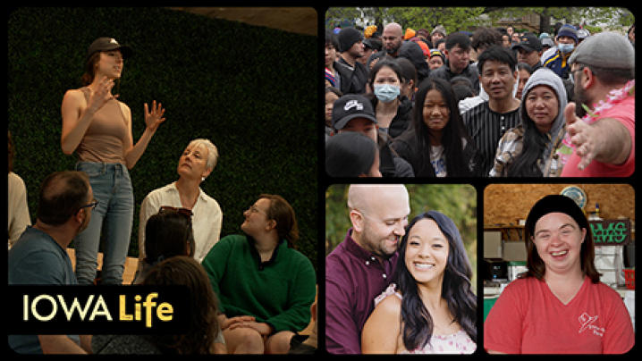 Iowa Life logo, Jeffrey and Jasmine Newland, a woman speaking to a small group, Marissa Schletzbaum, and Des Moines refugee support.