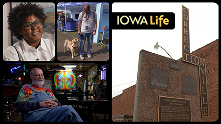 Iowa Life logo, Byron Stuart, Correctionville sign, Dasia Taylor, and a service dog with veteran.