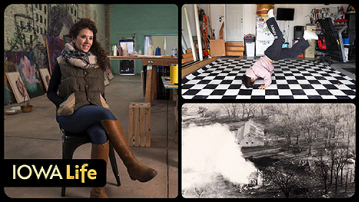 Iowa Life logo, a breakdancer ... artist, Gabriella Torres ... and, the scene of the Follinglo farm house plane crash.