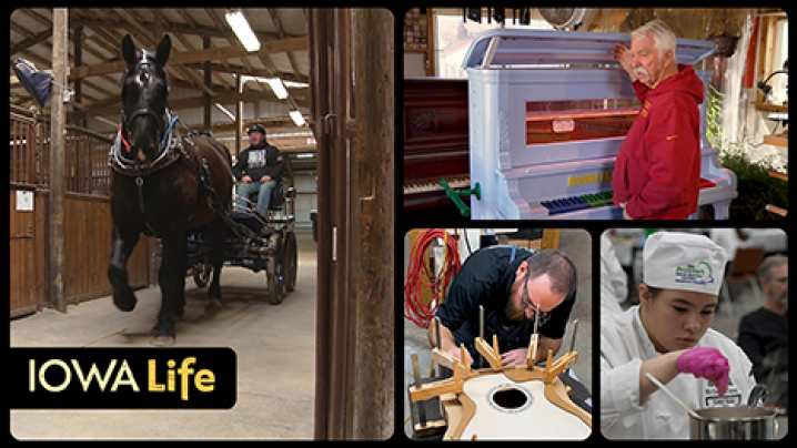 Iowa Life logo, Equine-assisted therapy, Mike Marcovis builds a guitar, a girl at a culinary competition, and piano restorer Chuck Behm shows one of his projects..