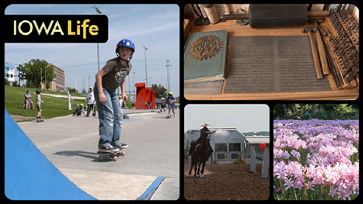 Iowa Life logo, a boy skateboards with others at the skatepark, classic publishing tools, a cowboy mounted shooter shoots a balloon and a field of pink flowers.
