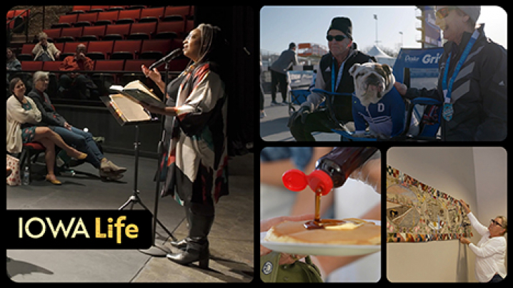 Iowa Life logo, a woman at a microphone presents poetry, the Drake bulldog mascot sits in a chair between a man and a woman, syrup is poured on pancakes, and 96-foot tapestry is presented on the wall.