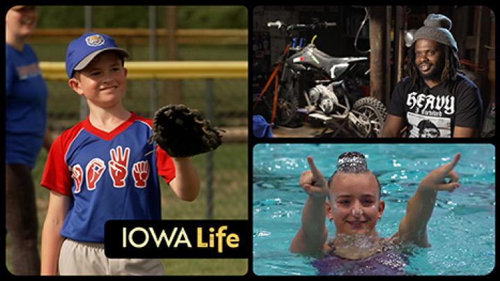 Iowa Life logo, a boy plays baseball and ready to catch the ball, a man next to his minibike, and a girl synchronized swimmer in the pool points with both hands ... out of the pool.