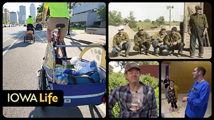 Iowa Life logo, bike delivery in downtown Des Moines and other various people featured in this episode.