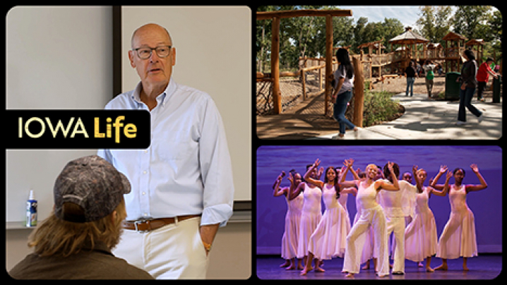 Iowa Life logo, national TV reporter Harry Smith teaches a class, an accessible treehouse and dancers from the Swan Ballet.