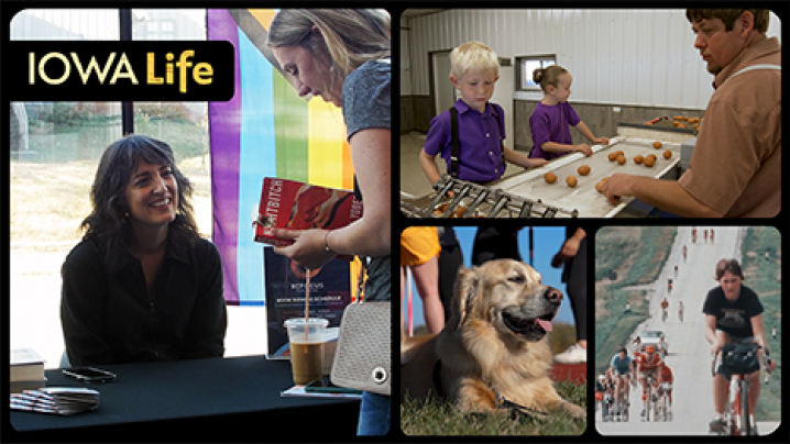 Iowa Life logo, Rachel Yoder, family egg producers, a dog and bike riders on RAGBRAI IV.