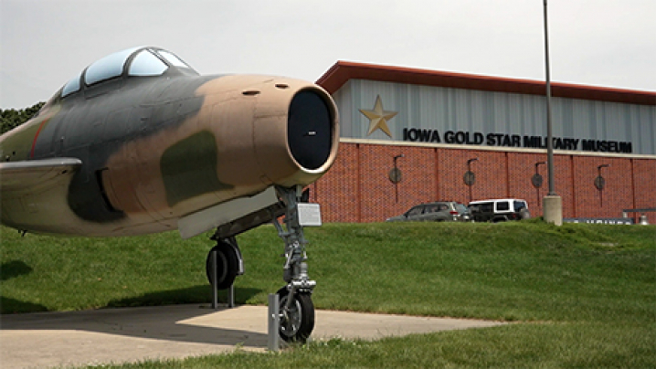 A military jet outside the Iowa Gold Star Military Museum.