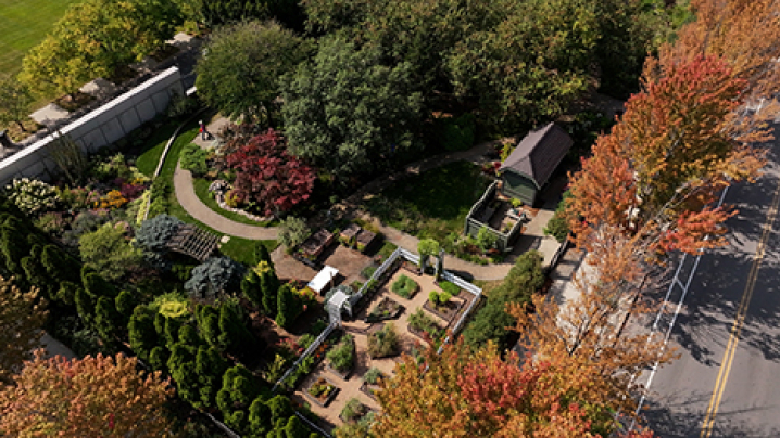 An aerial view of the Better Homes and Gardens Test Garden in Des Moines, Iowa.